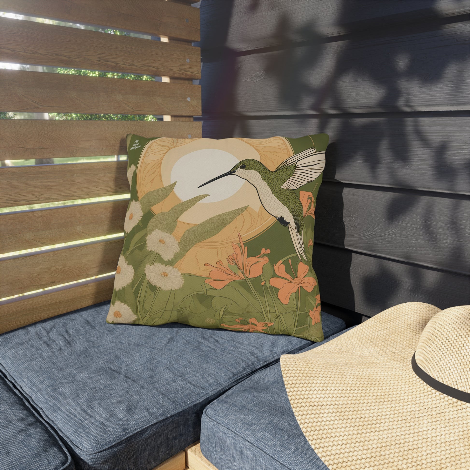 Green Hummingbird w Flowers, Taupe accent color, Throw Pillow, Indoor/Outdoor Decor for Home or Office