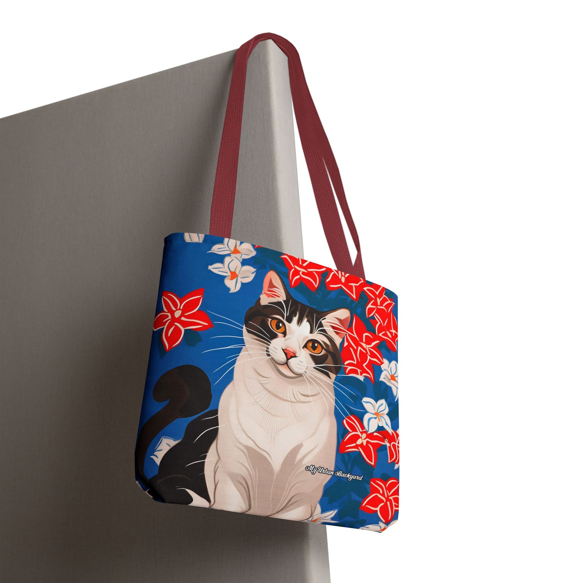 Cat and Red White & Blue Flowers Tote Bag with Cotton Handles For Everyday Use, 3 Sizes