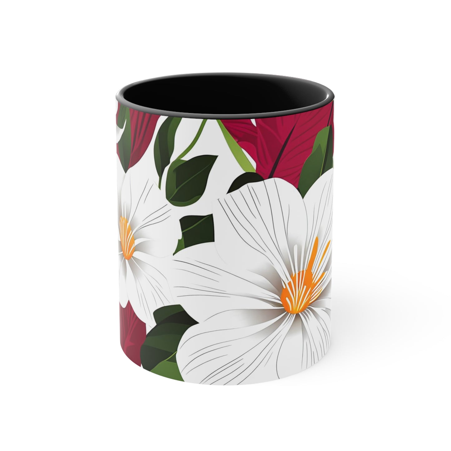 White Flowers on Red, Ceramic Mug - Perfect for Coffee, Tea, and More!