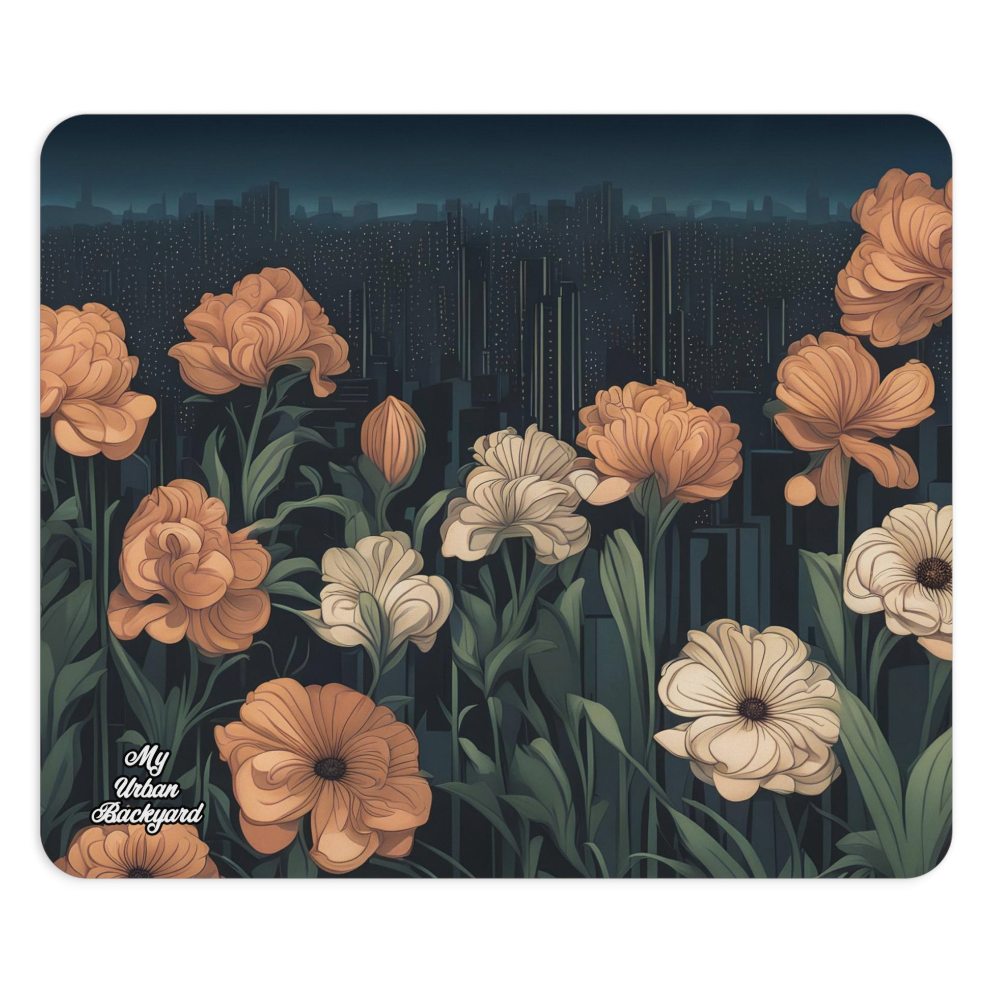 A mouse pad with a nature-inspired design featuring a cityscape at dusk with orange flowers in the foreground.