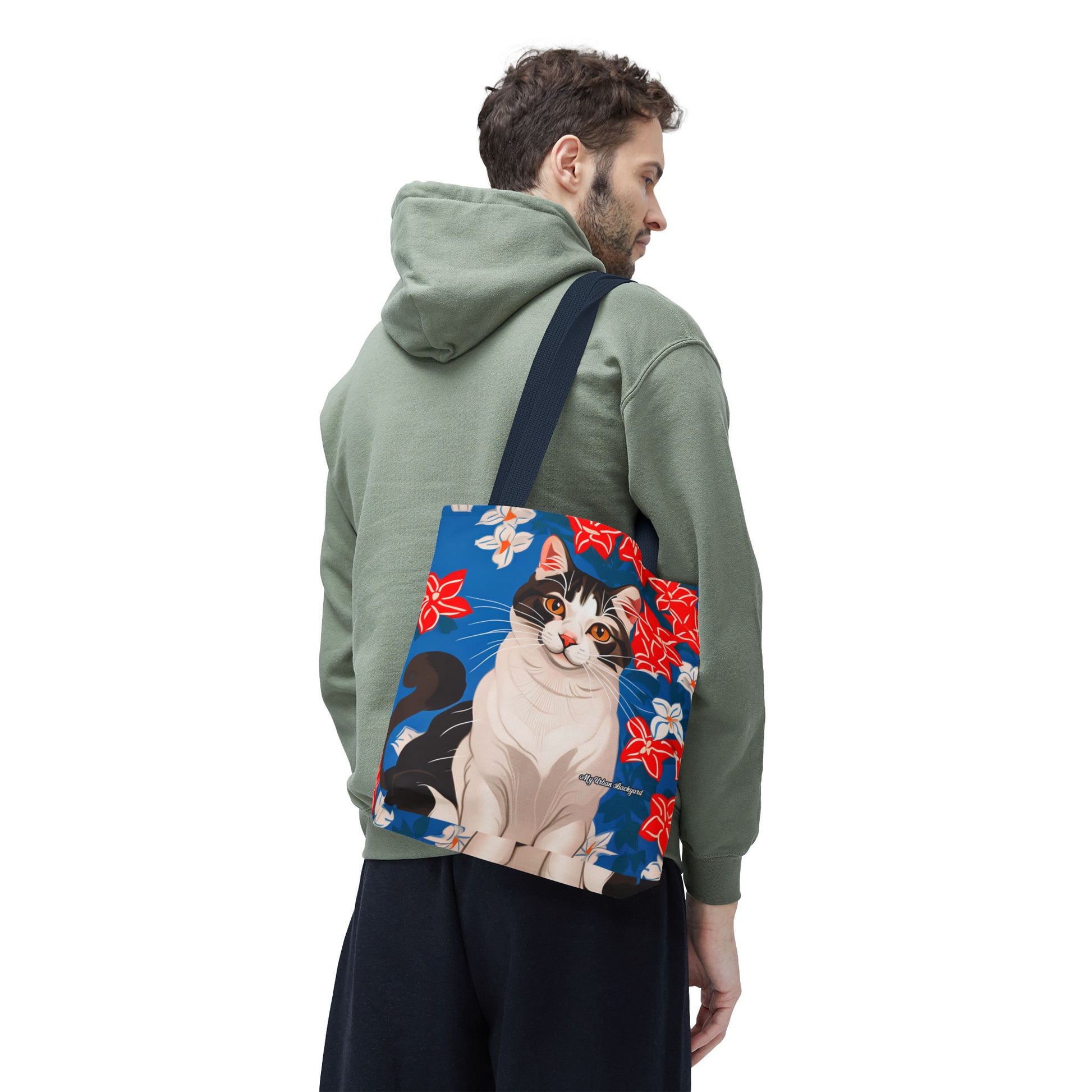 Cat and Red White & Blue Flowers Tote Bag with Cotton Handles For Everyday Use, 3 Sizes