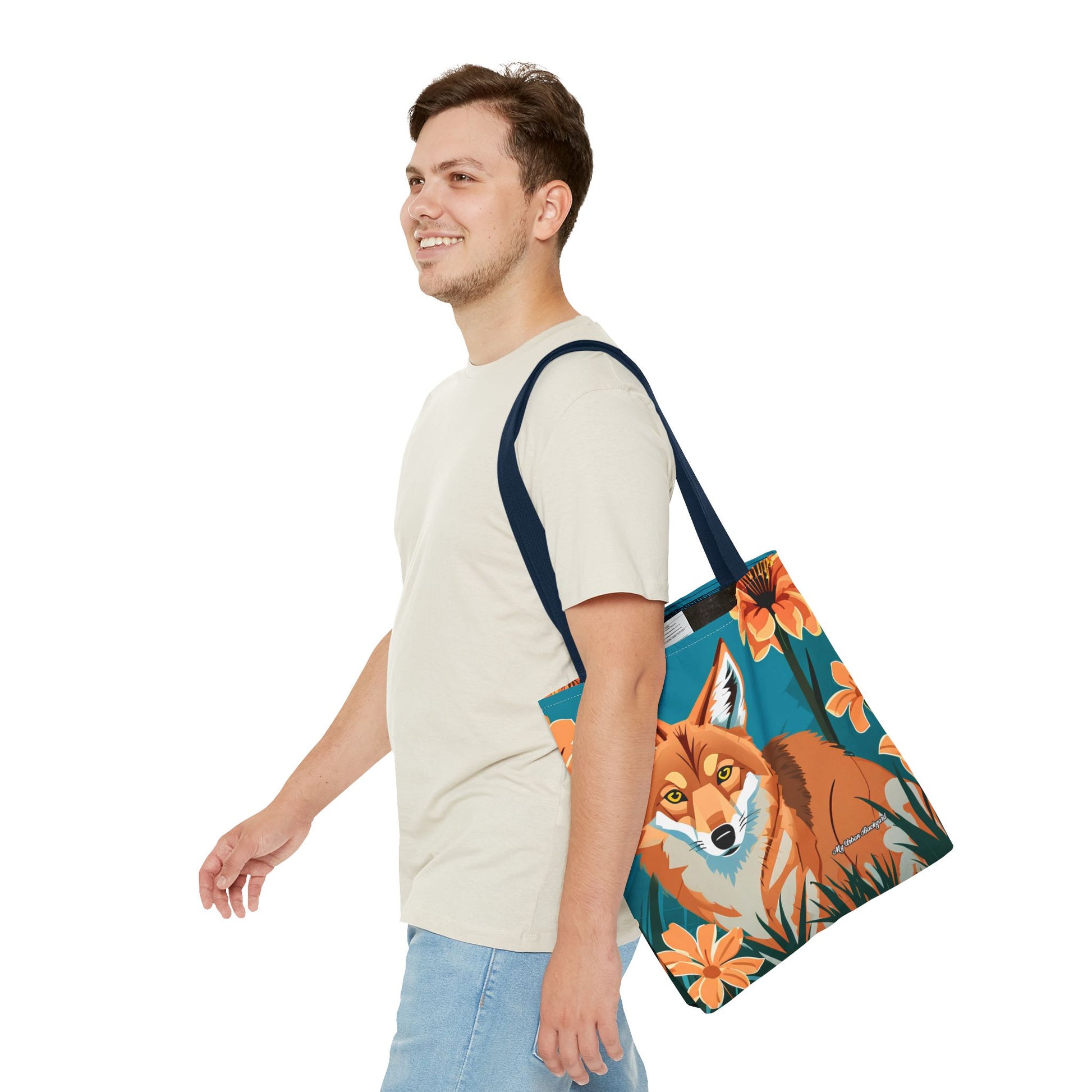 Coyote with Flowers Tote Bag with Cotton Handles For Everyday Use, 3 Sizes