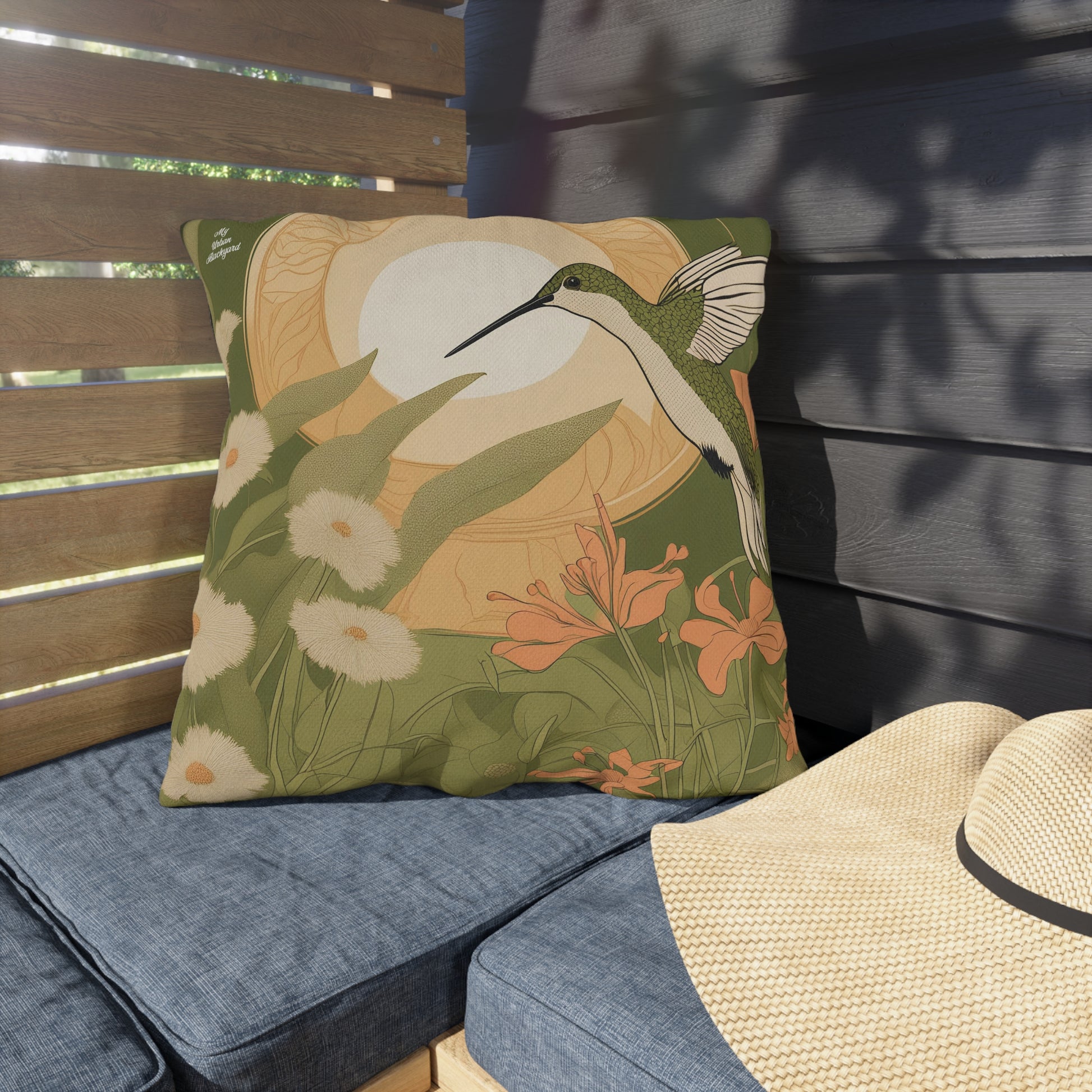 Green Hummingbird w Flowers, Taupe accent color, Throw Pillow, Indoor/Outdoor Decor for Home or Office