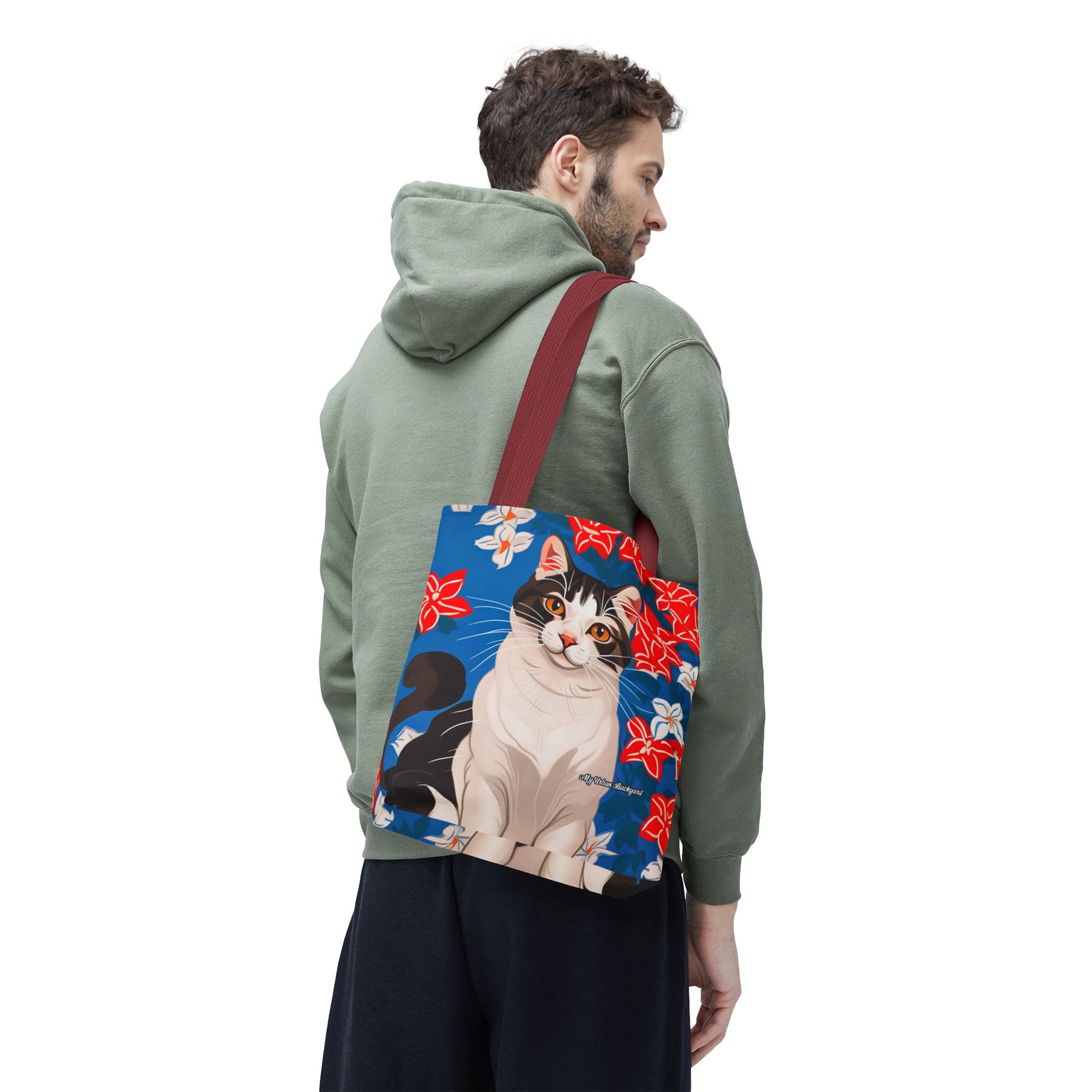 Cat and Red White & Blue Flowers Tote Bag with Cotton Handles For Everyday Use, 3 Sizes