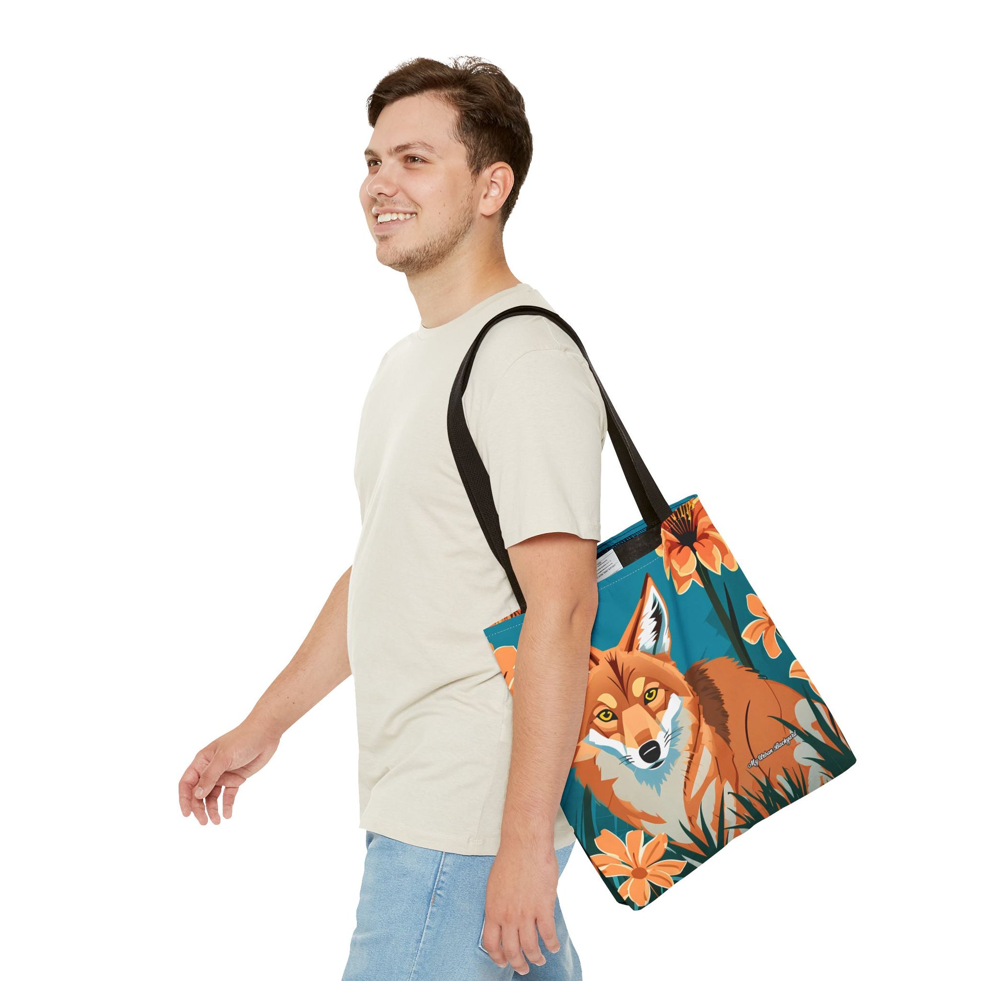 Coyote with Flowers Tote Bag with Cotton Handles For Everyday Use, 3 Sizes