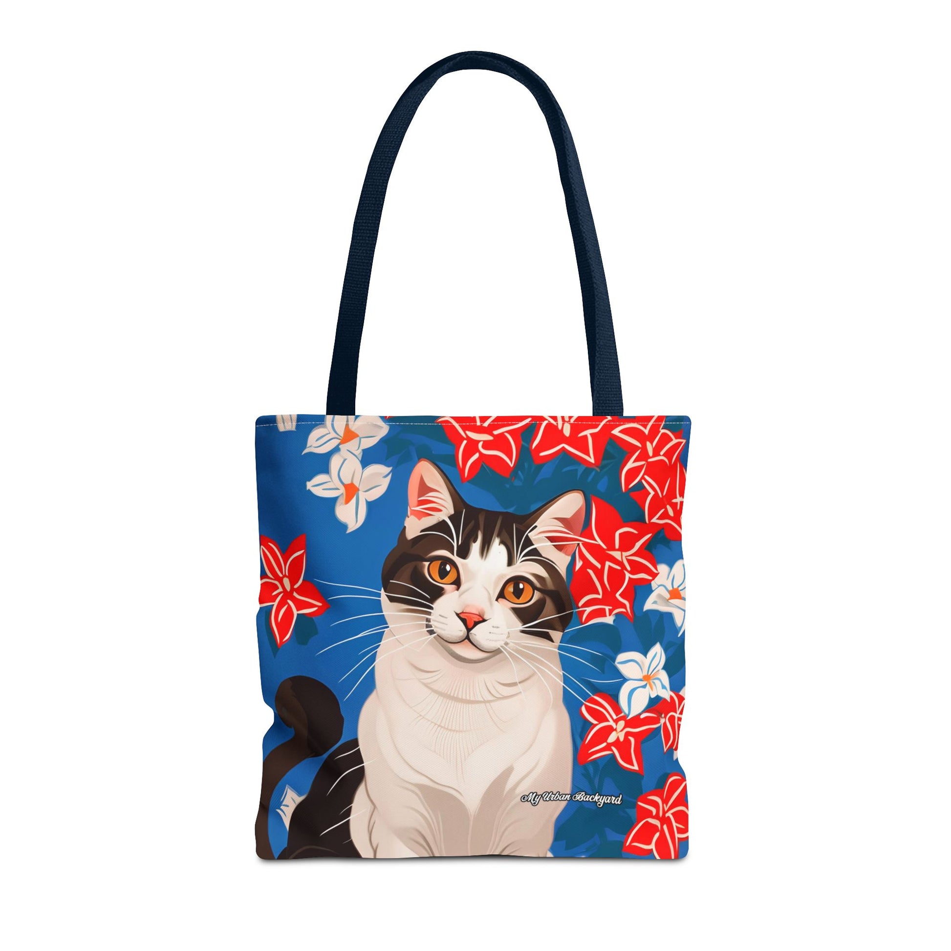 Cat and Red White & Blue Flowers Tote Bag with Cotton Handles For Everyday Use, 3 Sizes