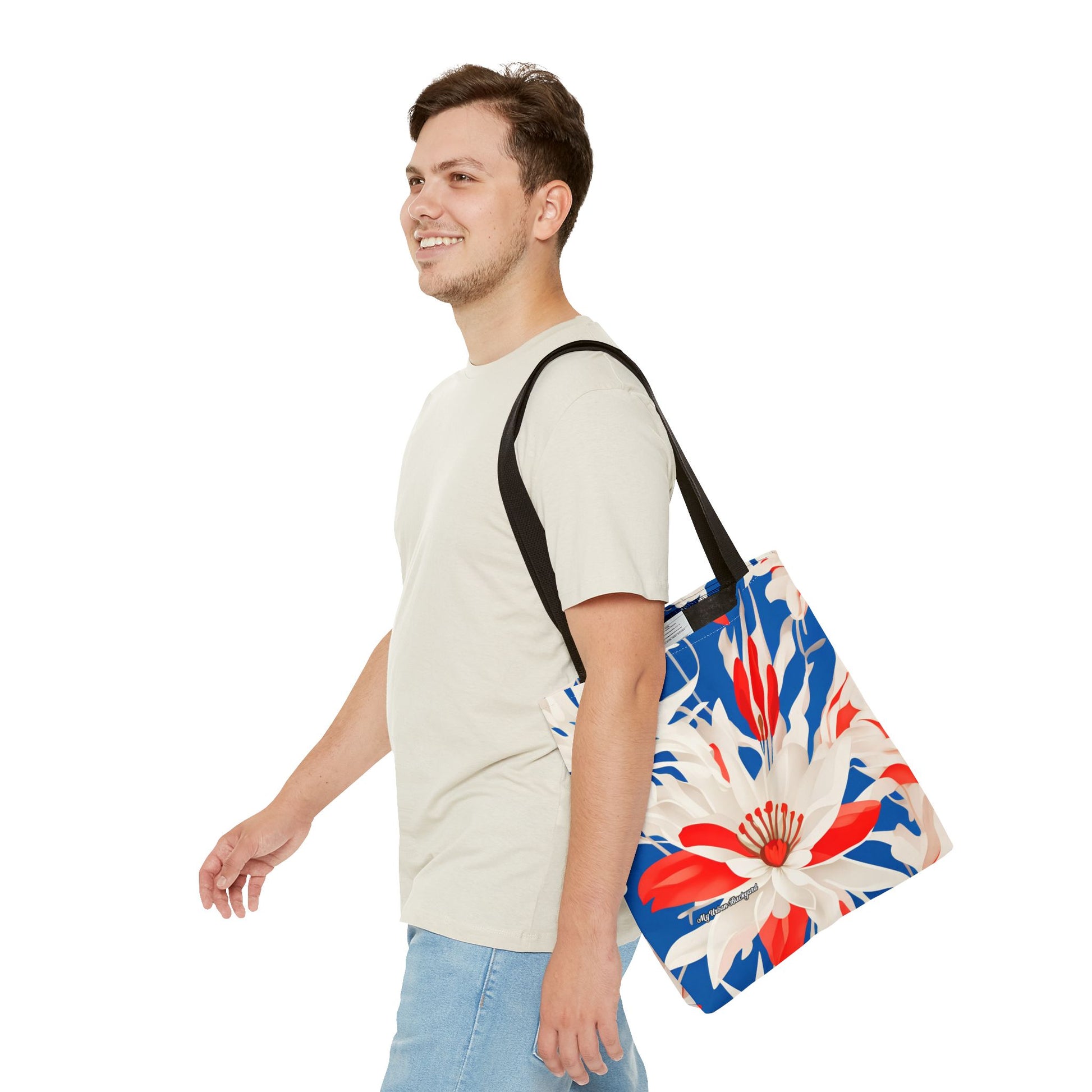 Red White & Blue Flowers Tote Bag with Cotton Handles For Everyday Use, 3 Sizes
