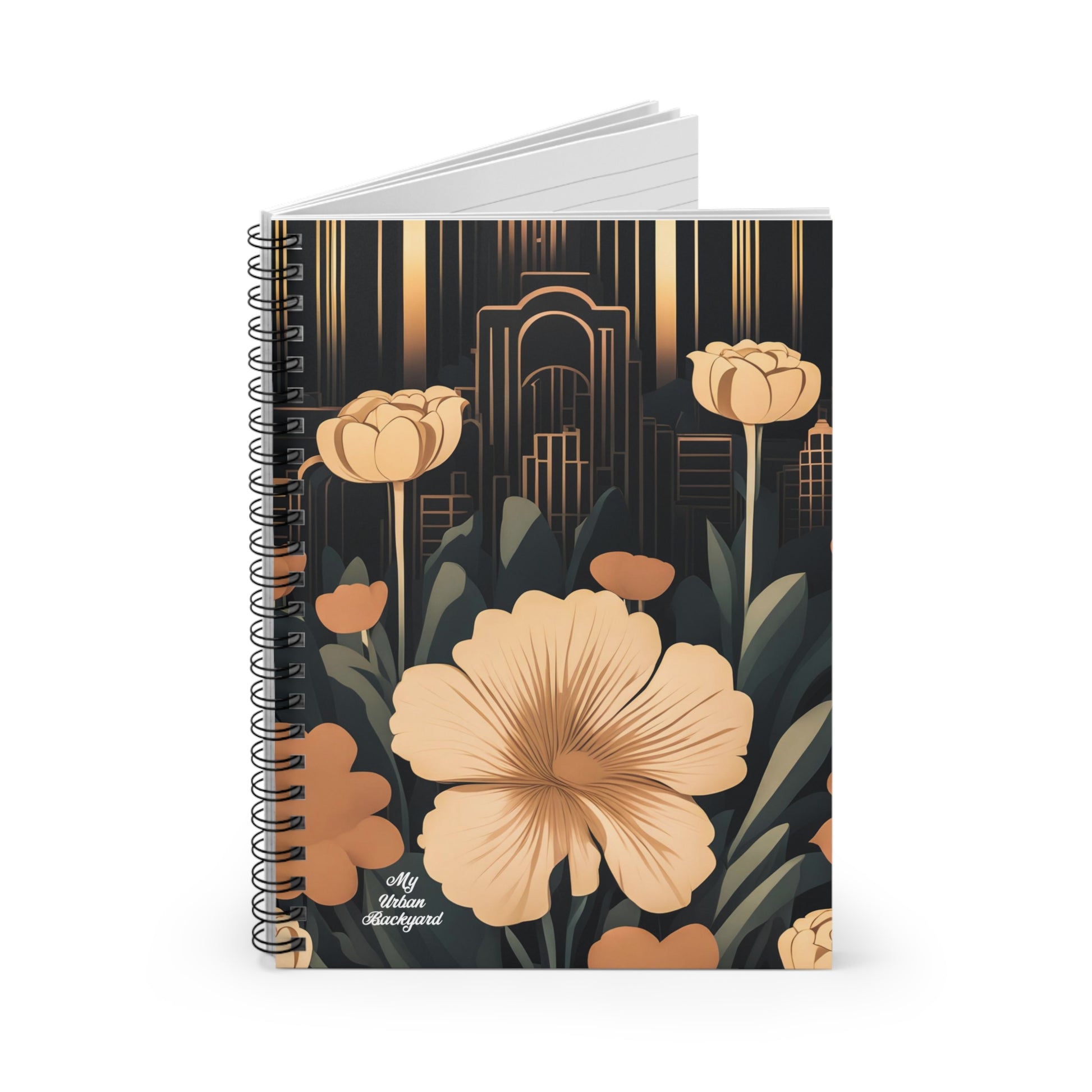 Flowers with Art Deco Building, Spiral Notebook Writing Journal - 118 Ruled Pages