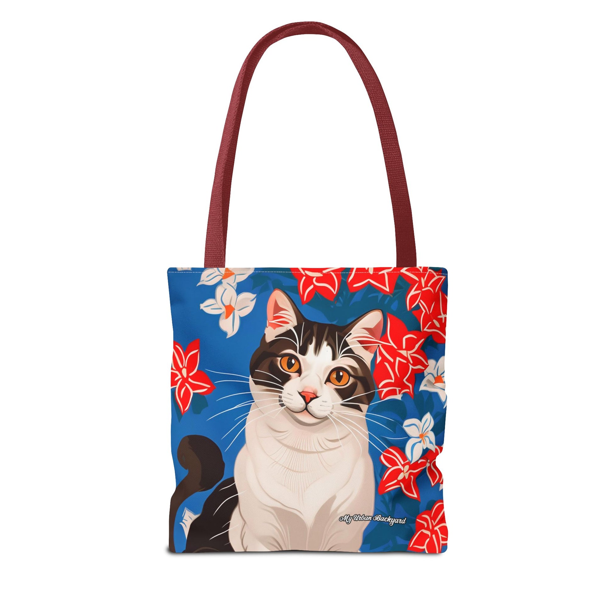 Cat and Red White & Blue Flowers Tote Bag with Cotton Handles For Everyday Use, 3 Sizes