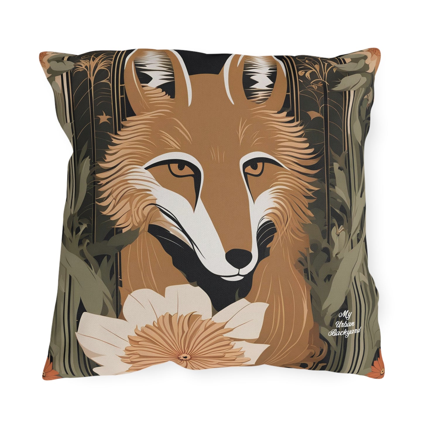 Art Deco Coyote w Flower, Sable accent color, Throw Pillow, Indoor/Outdoor Decor for Home or Office