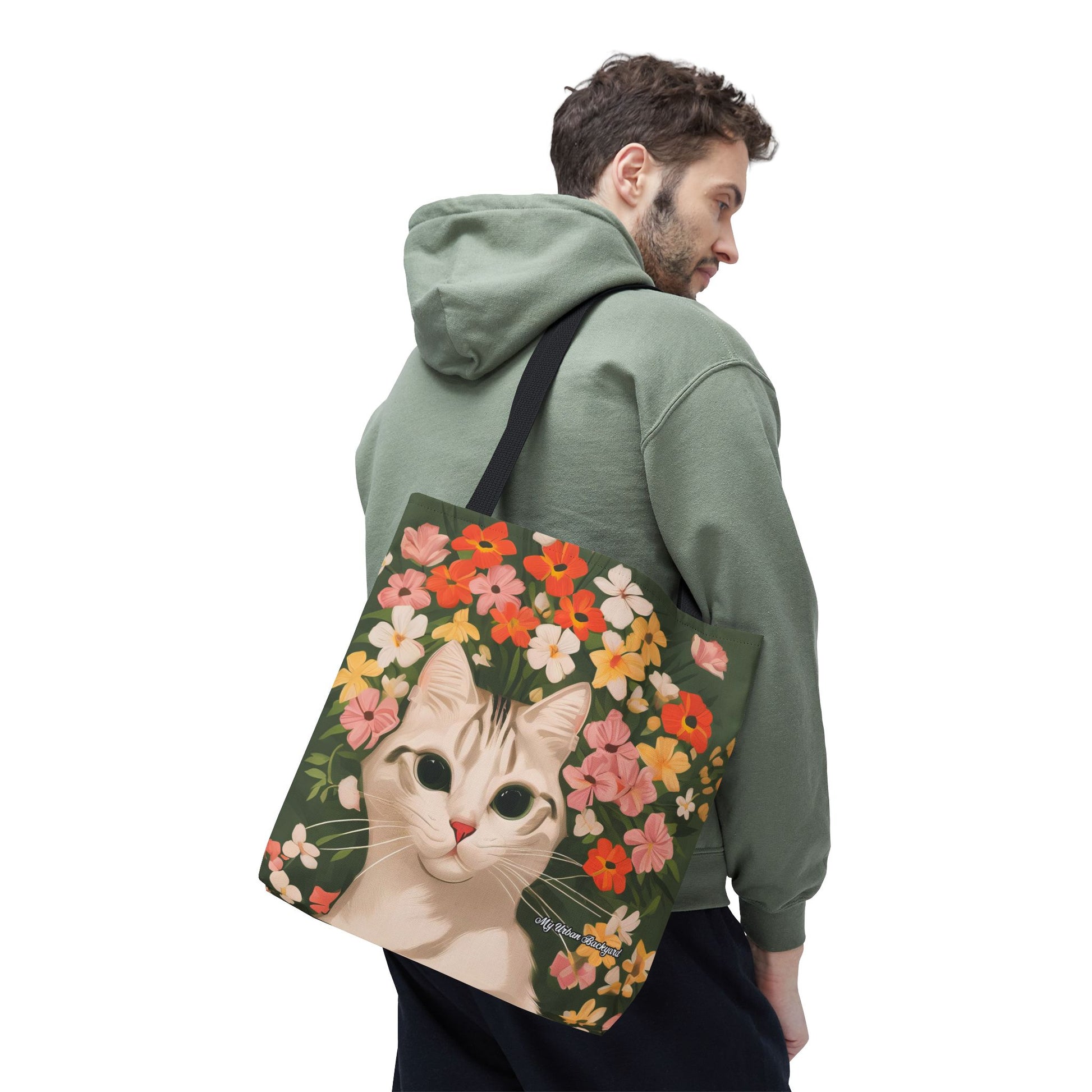 White Cat with Flowers Tote Bag with Cotton Handles For Everyday Use, 3 Sizes