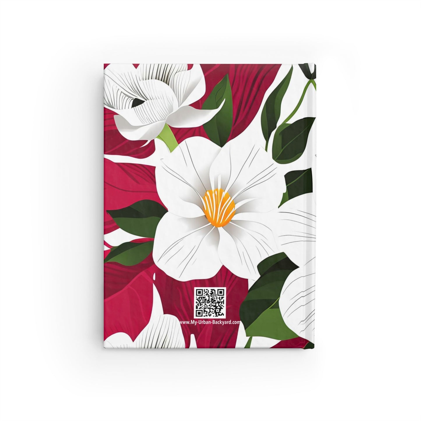 Hardcover Writing Journal with 128 ruled line pages - White Flowers on Red