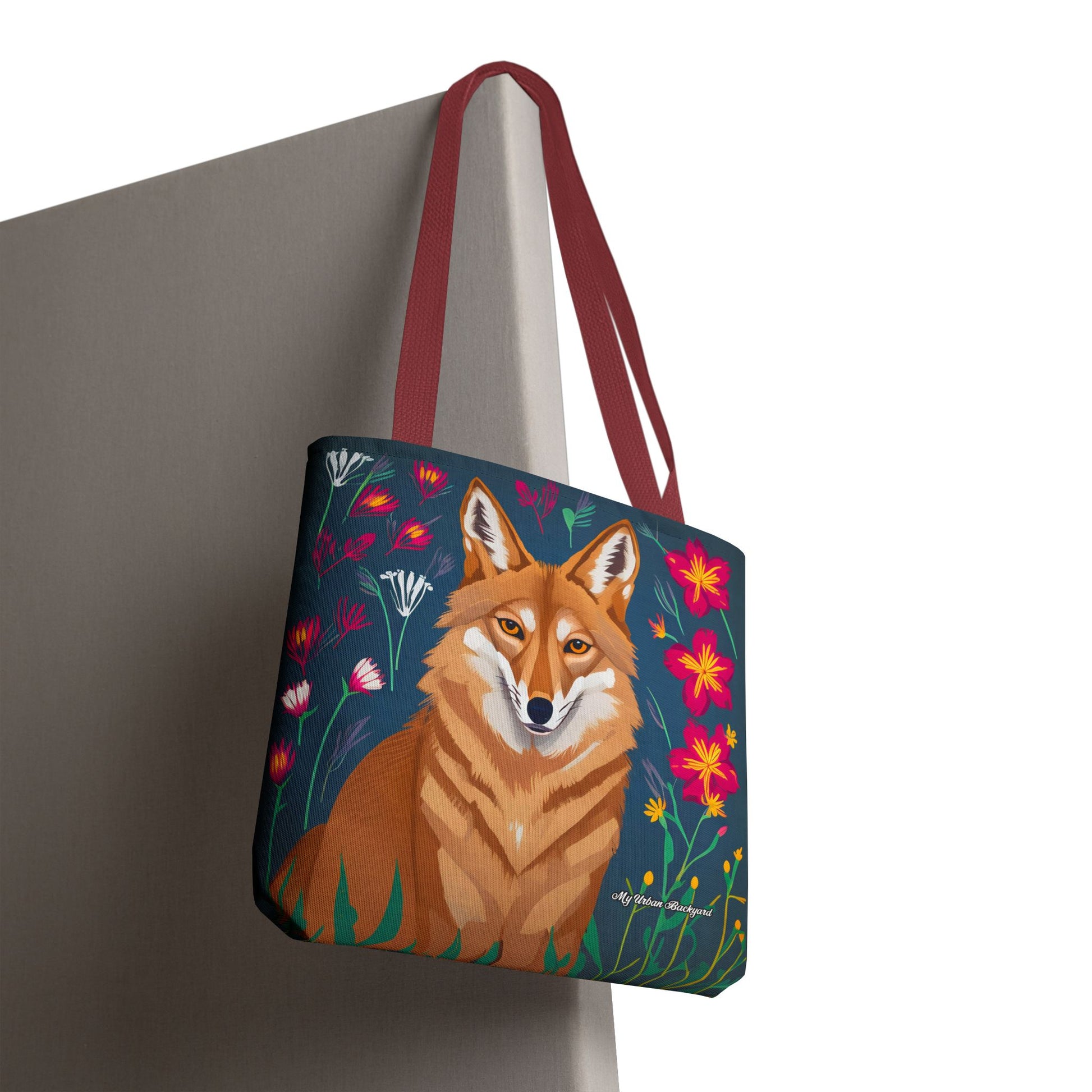 Coyote w Red Flowers Tote Bag with Cotton Handles For Everyday Use, 3 Sizes