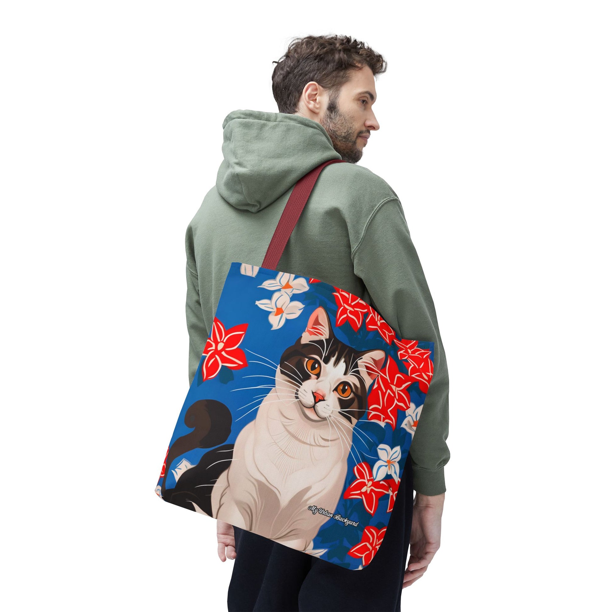 Cat and Red White & Blue Flowers Tote Bag with Cotton Handles For Everyday Use, 3 Sizes