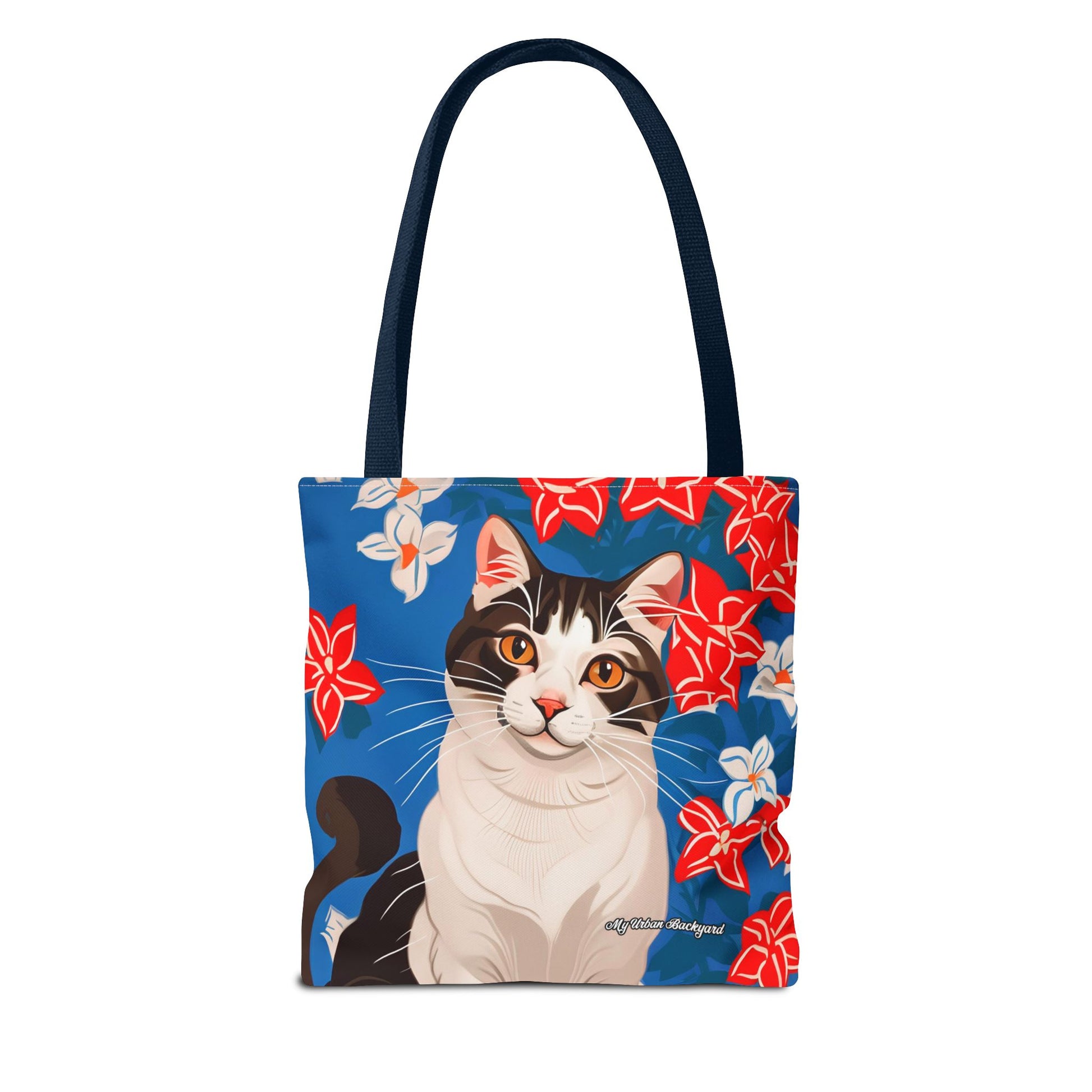 Cat and Red White & Blue Flowers Tote Bag with Cotton Handles For Everyday Use, 3 Sizes