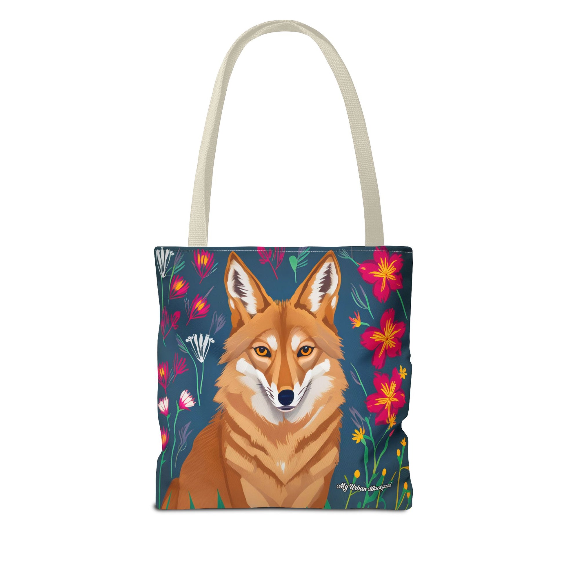 Coyote w Red Flowers Tote Bag with Cotton Handles For Everyday Use, 3 Sizes