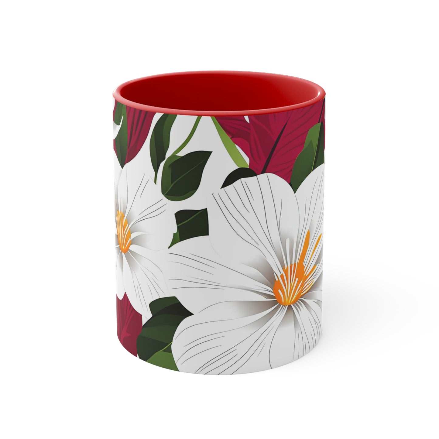 White Flowers on Red, Ceramic Mug - Perfect for Coffee, Tea, and More!