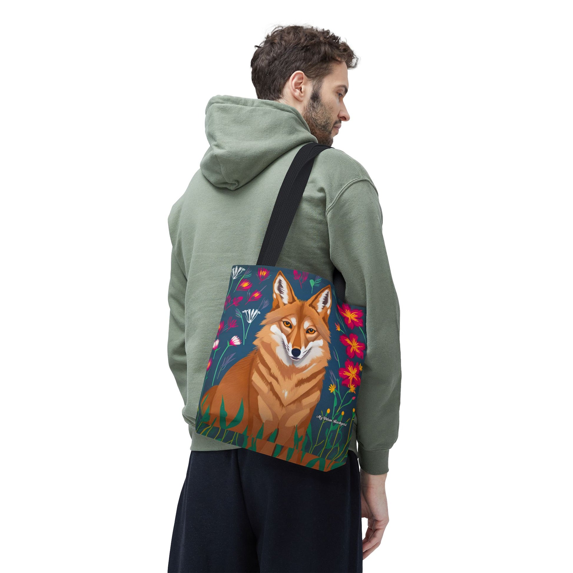 Coyote w Red Flowers Tote Bag with Cotton Handles For Everyday Use, 3 Sizes