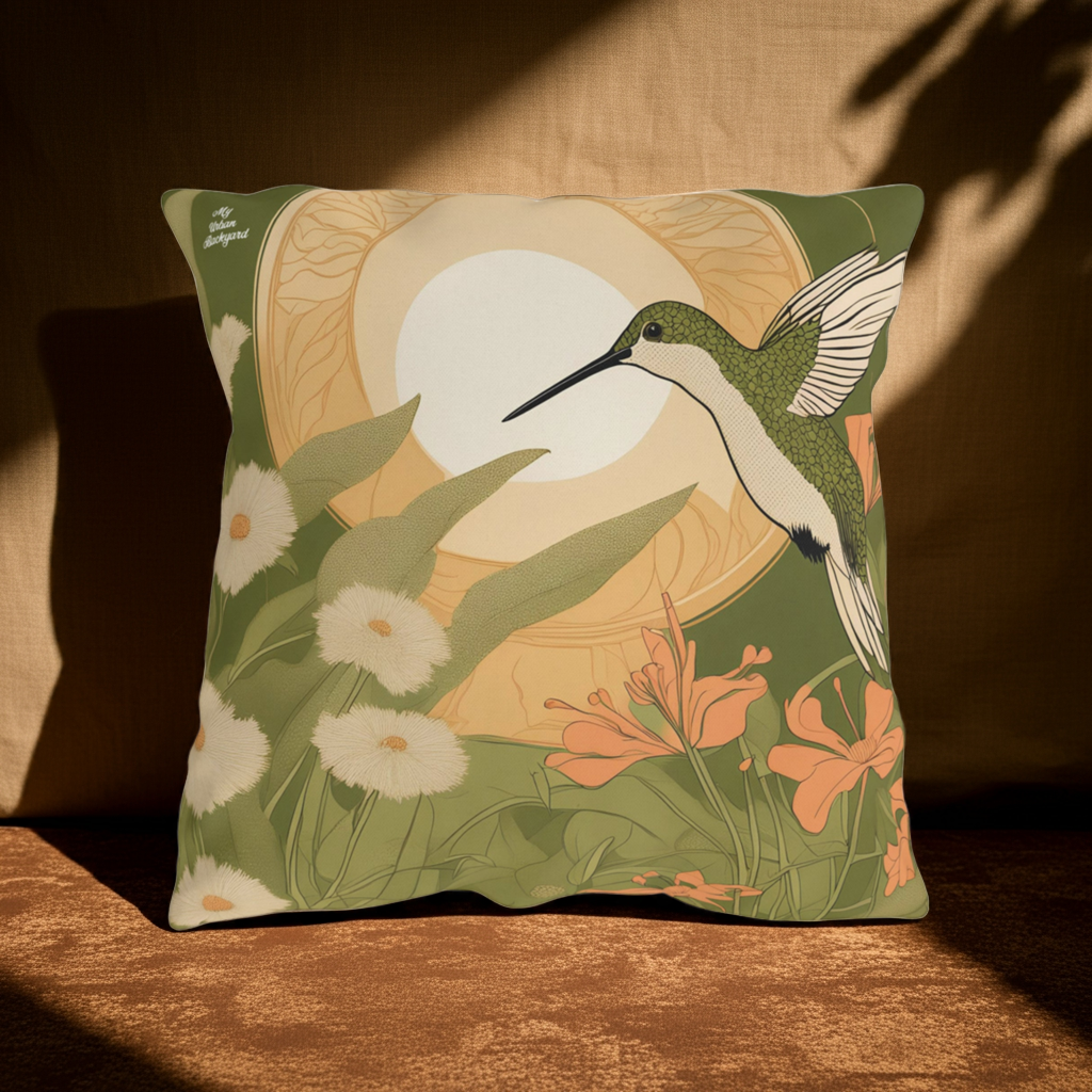 Green Hummingbird w Flowers, Taupe accent color, Throw Pillow, Indoor/Outdoor Decor for Home or Office