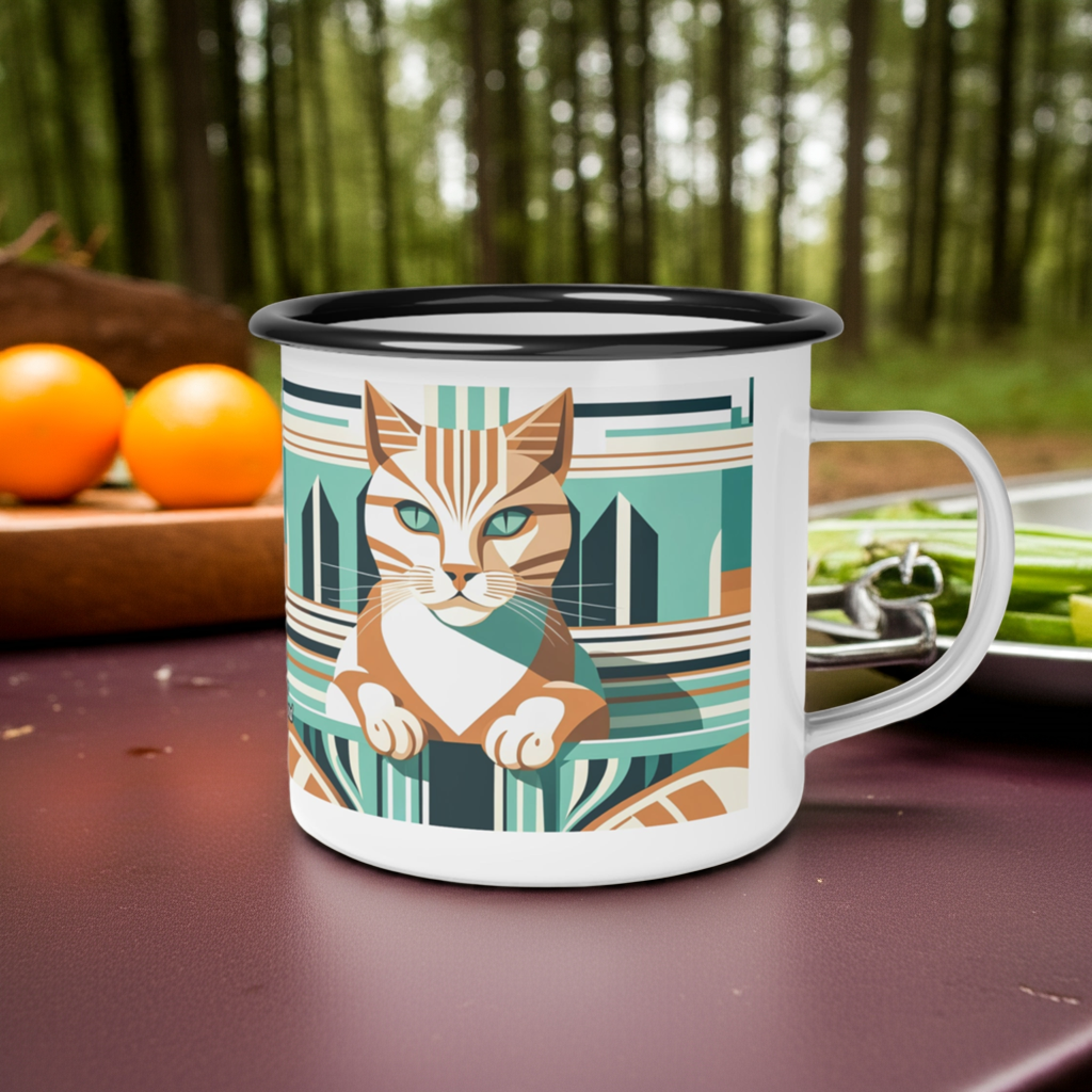 Under $35 enamel mug with a geometric cat illustration and teal cityscape background.