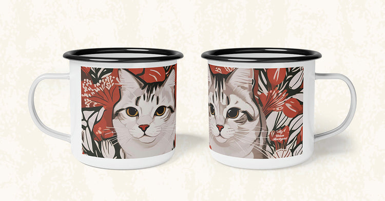 Enamel camping mug with Art Deco cat illustration, ideal for adventures and everyday escapes by a campfire.