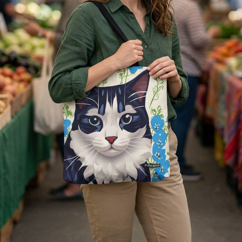 Green-shirted woman carrying a tote bag with a large illustrated cat and blue flowers at a market.