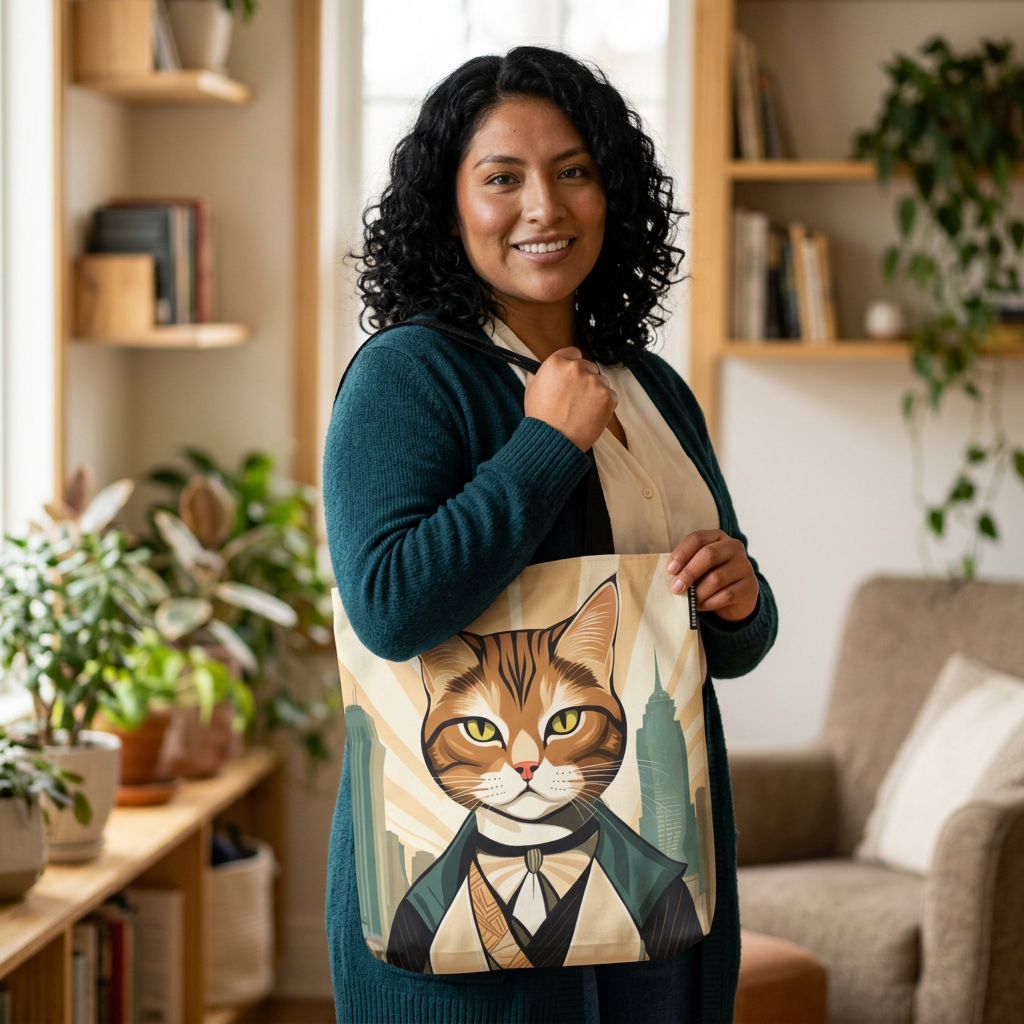 Green-shirted woman carrying a tote bag with a large illustrated cat and blue flowers at a market.