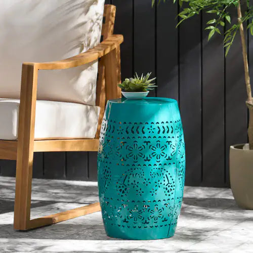 Teal Metal Side Table, Accent Table, 18" Tall,  Lace Cut Design