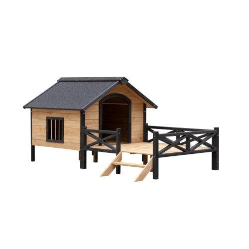 Outdoor Large Cabin Style Wooden Dog House With Porch, Backyard Shelter for Animals