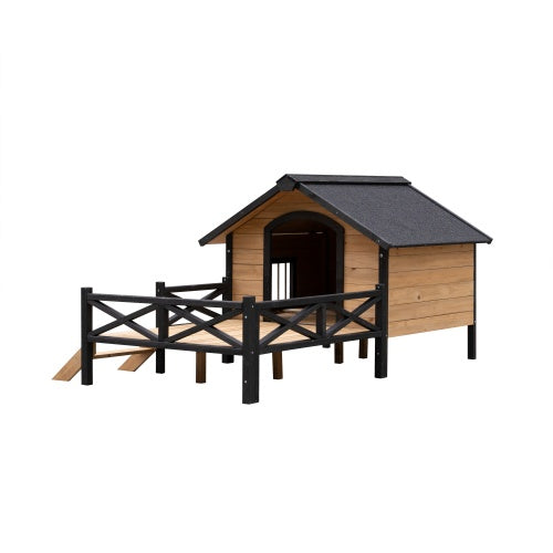 Outdoor Large Cabin Style Wooden Dog House With Porch, Backyard Shelter for Animals