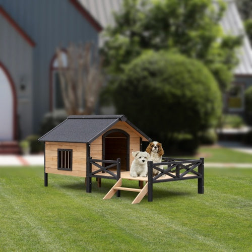 Outdoor Large Cabin Style Wooden Dog House With Porch, Backyard Shelter for Animals