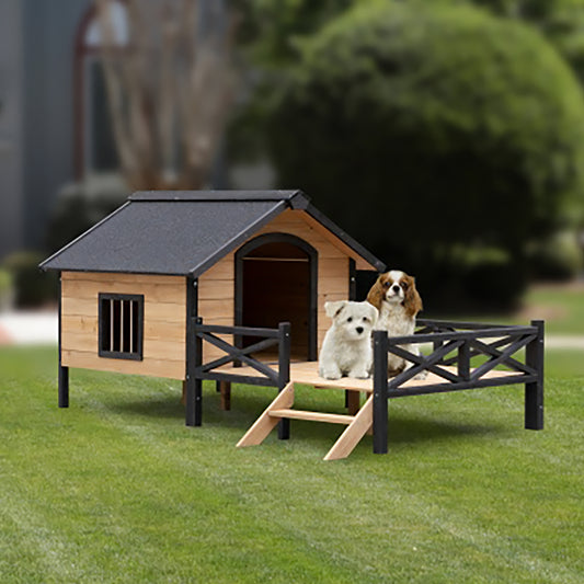 Outdoor Large Cabin Style Wooden Dog House With Porch, Backyard Shelter for Animals