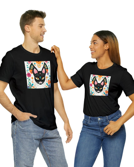Black Cat w Green Eyes & Flowers, Soft 100% Jersey Cotton T-Shirt, Unisex, Short Sleeve, Retail Fit