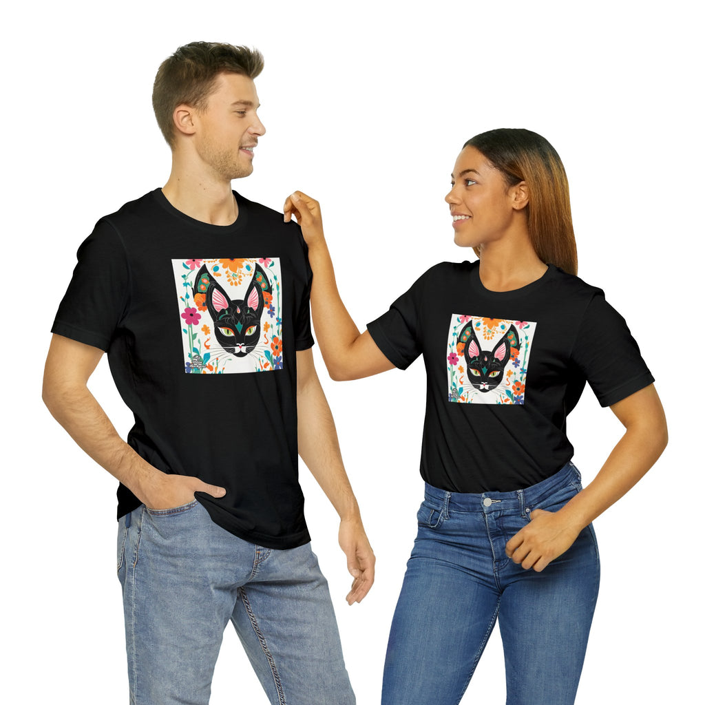 Black Cat w Green Eyes & Flowers, Soft 100% Jersey Cotton T-Shirt, Unisex, Short Sleeve, Retail Fit