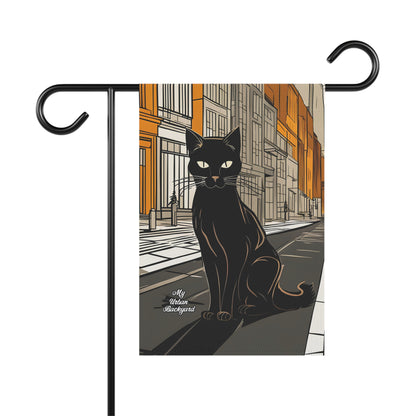 Black Cat in the City, Garden Flag for Yard, Patio, Porch, or Work, 12"x18" - Flag only