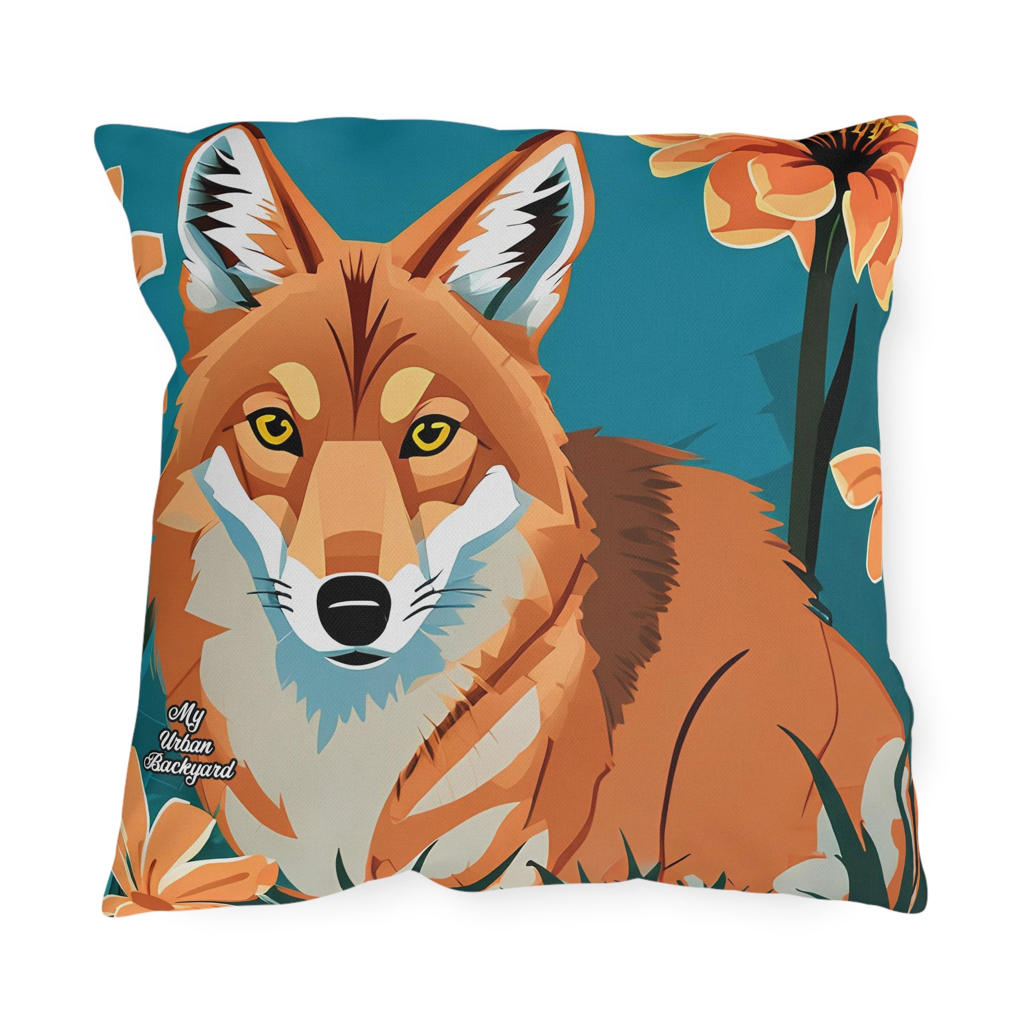Coyote and Wildflowers, Sable accent color, Throw Pillow