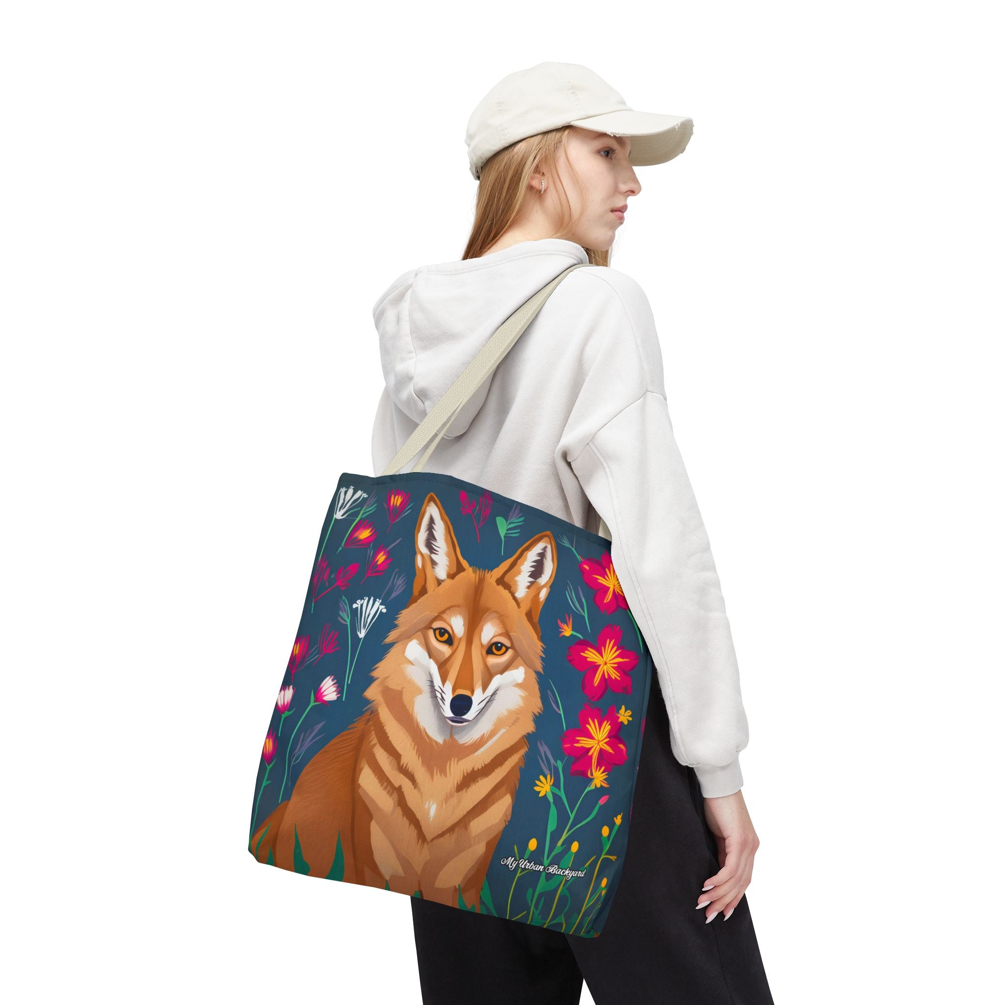 Coyote w Red Flowers Tote Bag with Cotton Handles For Everyday Use, 3 Sizes