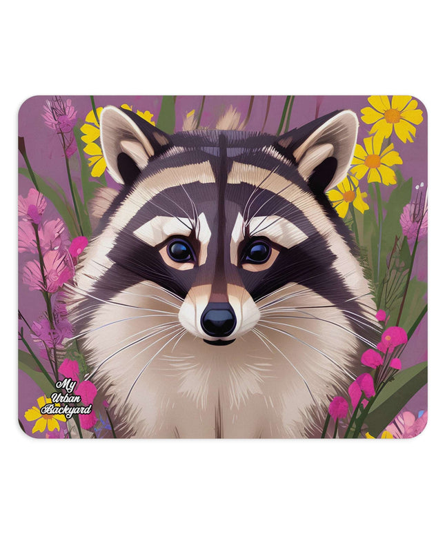 Computer Mouse Pad, Non-slip rubber bottom, Raccoon and Flowers