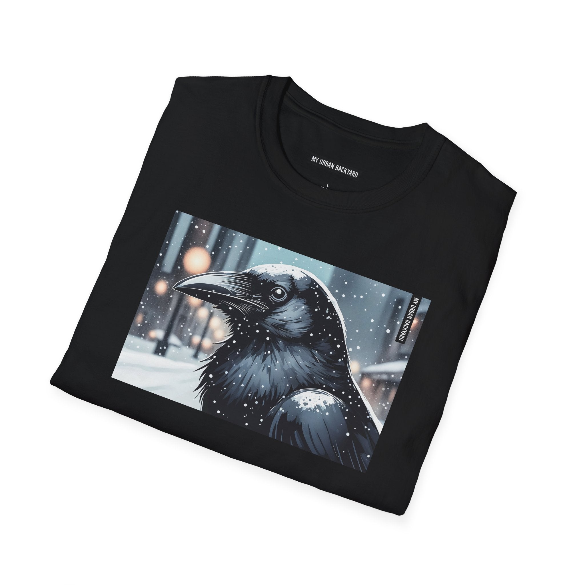 Urban Crow In Falling Snow T-Shirt — Winter Crow Graphic Tee