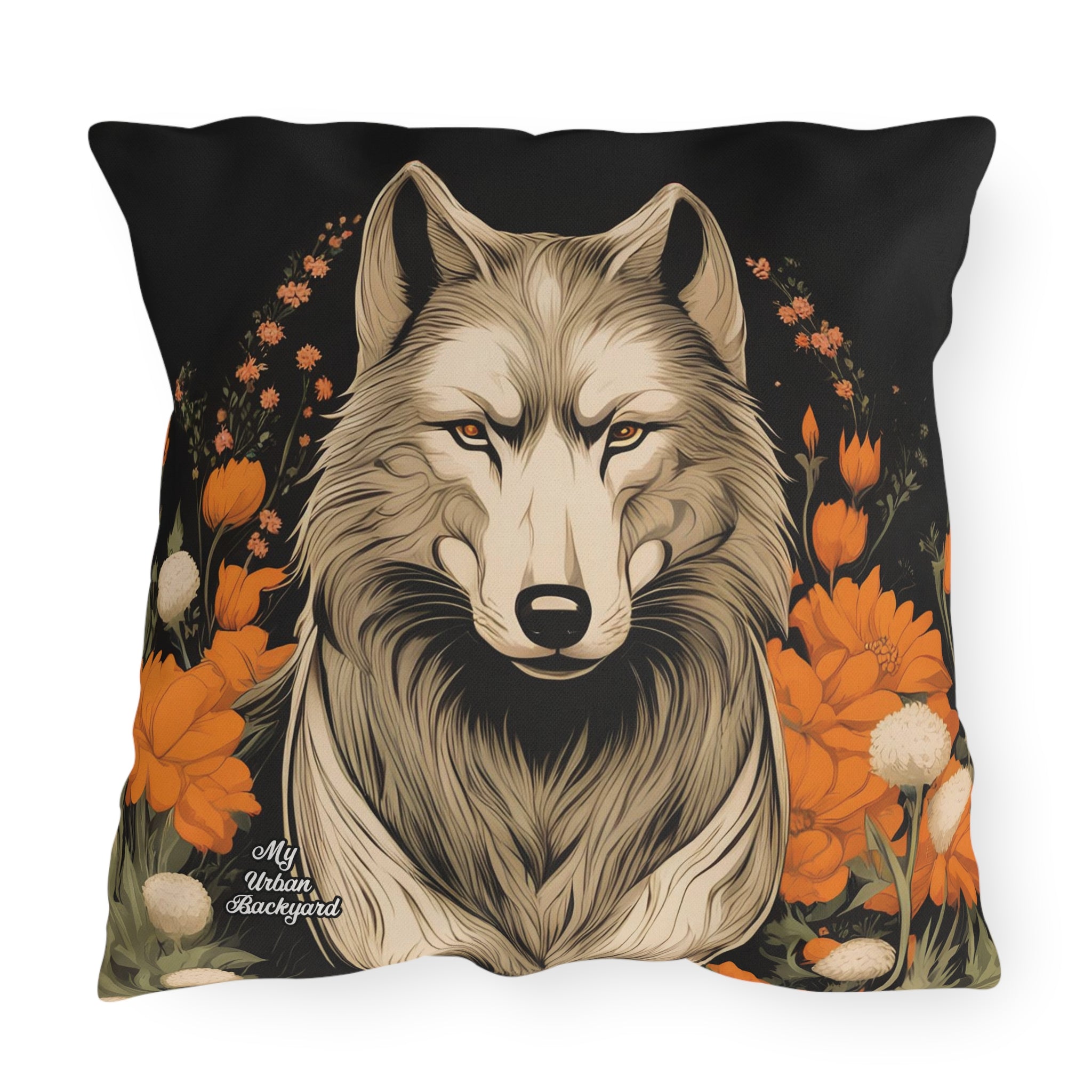 Wolf with Flowers, Taupe accent color, Throw Pillow