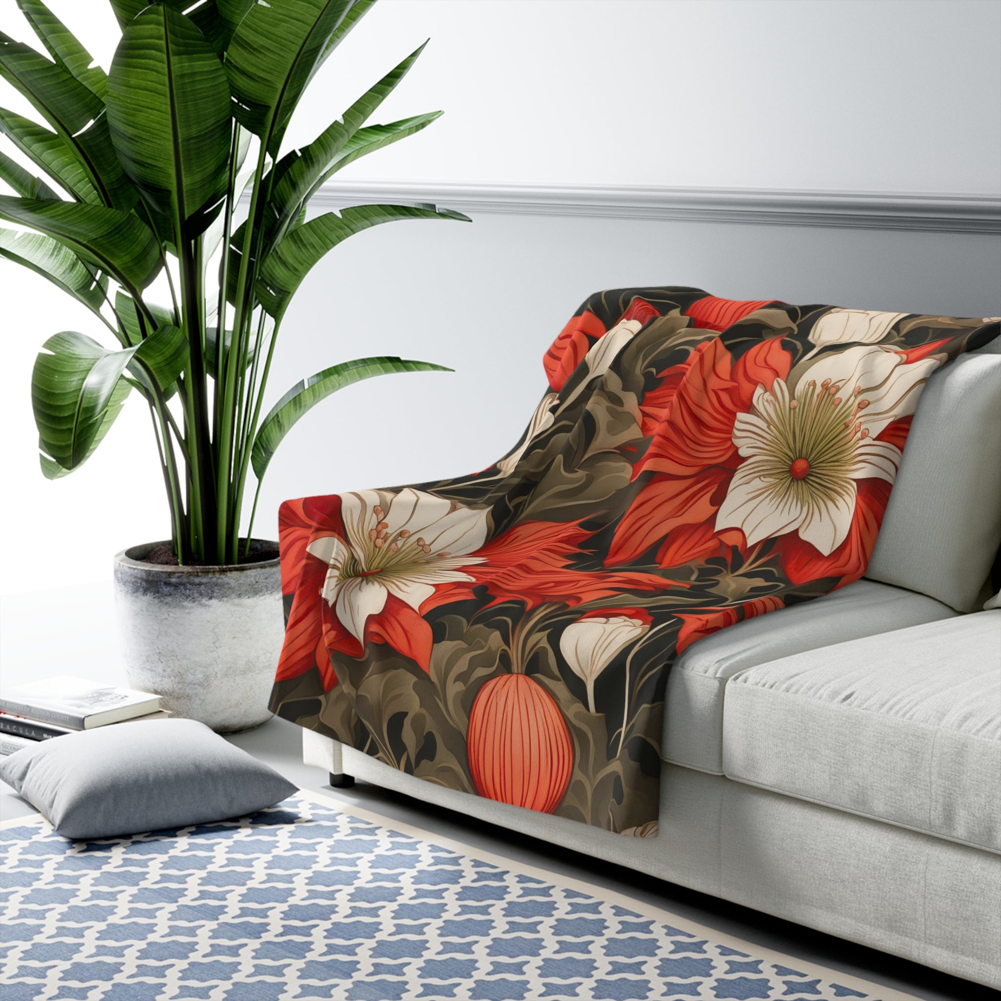 Red Winter Flowers, Sherpa Fleece Blanket