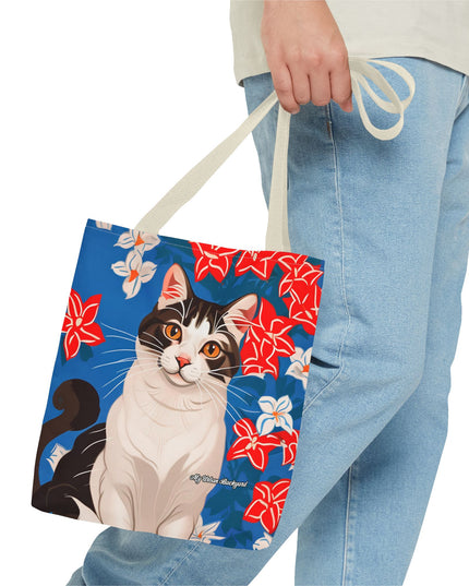 Cat and Red White & Blue Flowers Tote Bag with Cotton Handles For Everyday Use, 3 Sizes