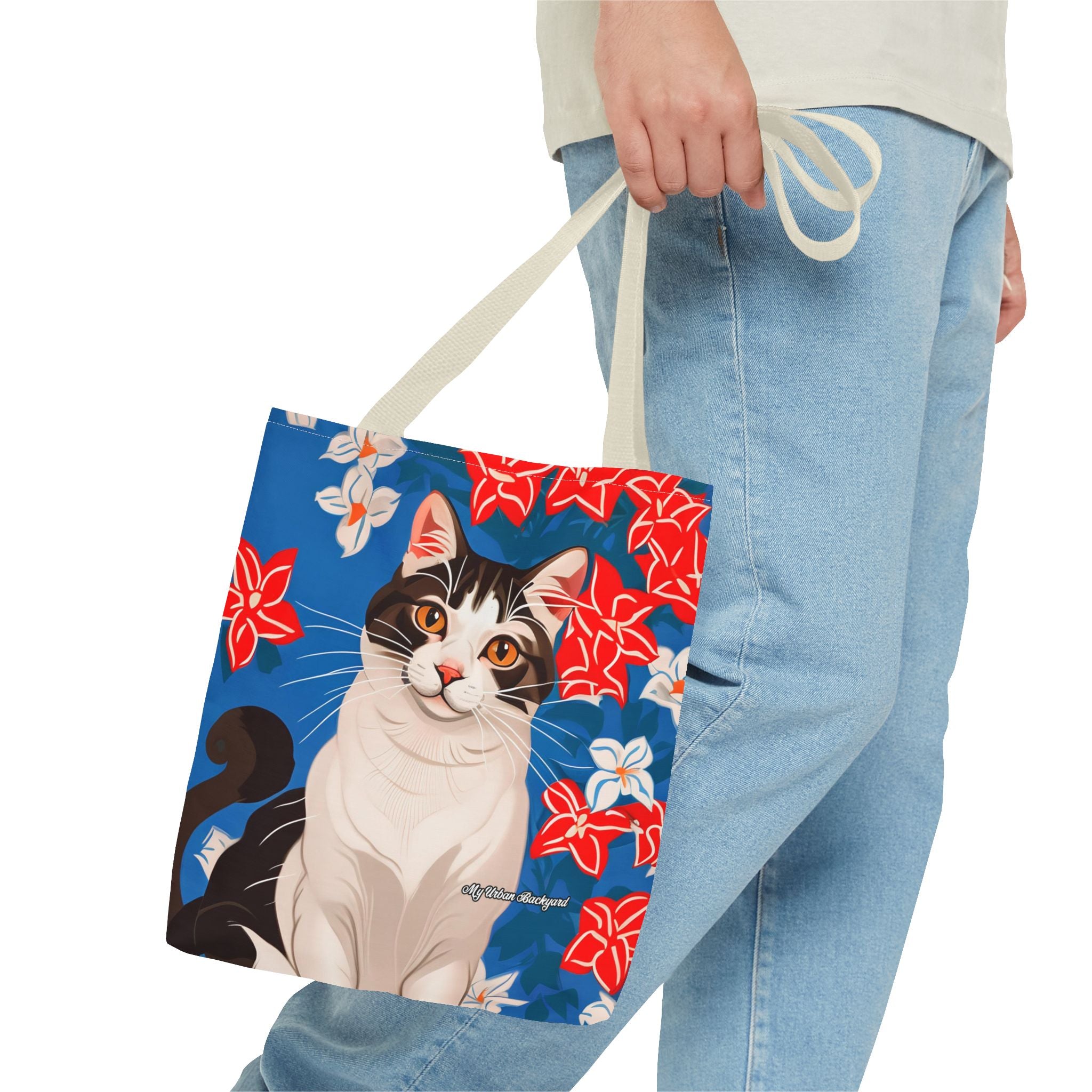 Cat with Red and White Flowers, Tote Bag with Cotton Handles For Everyday Use, 3 Sizes