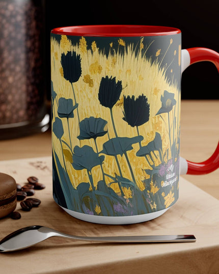 Ceramic Mug for Coffee, Tea, Hot Cocoa. Home/Office, Black Cat w Black Flowers
