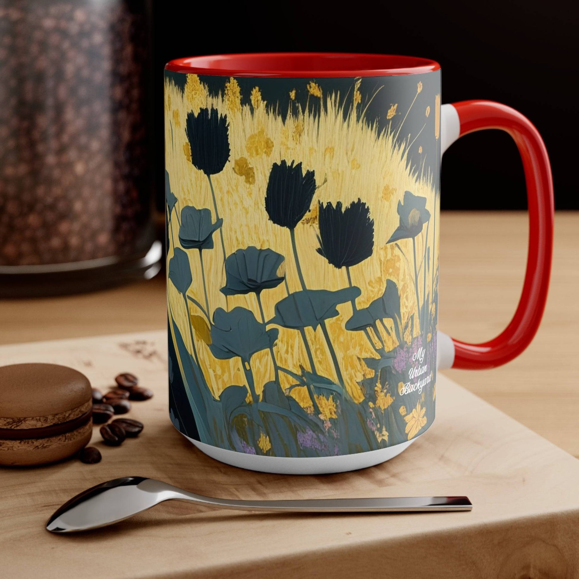Ceramic Mug for Coffee, Tea, Hot Cocoa. Home/Office, Black Cat w Black Flowers