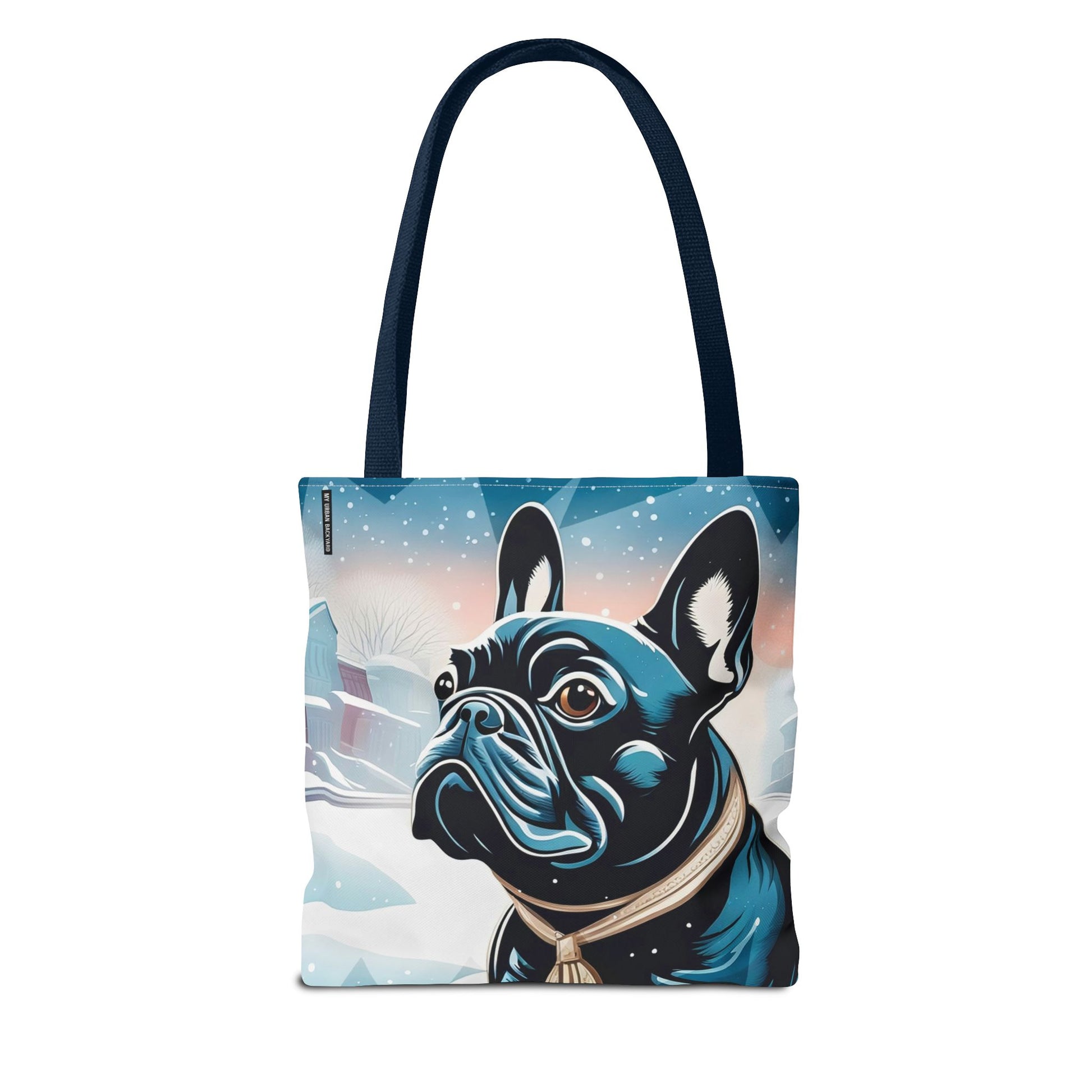 French Bulldog Winter Tote Bag — Snowy Pup All-Over Print Tote