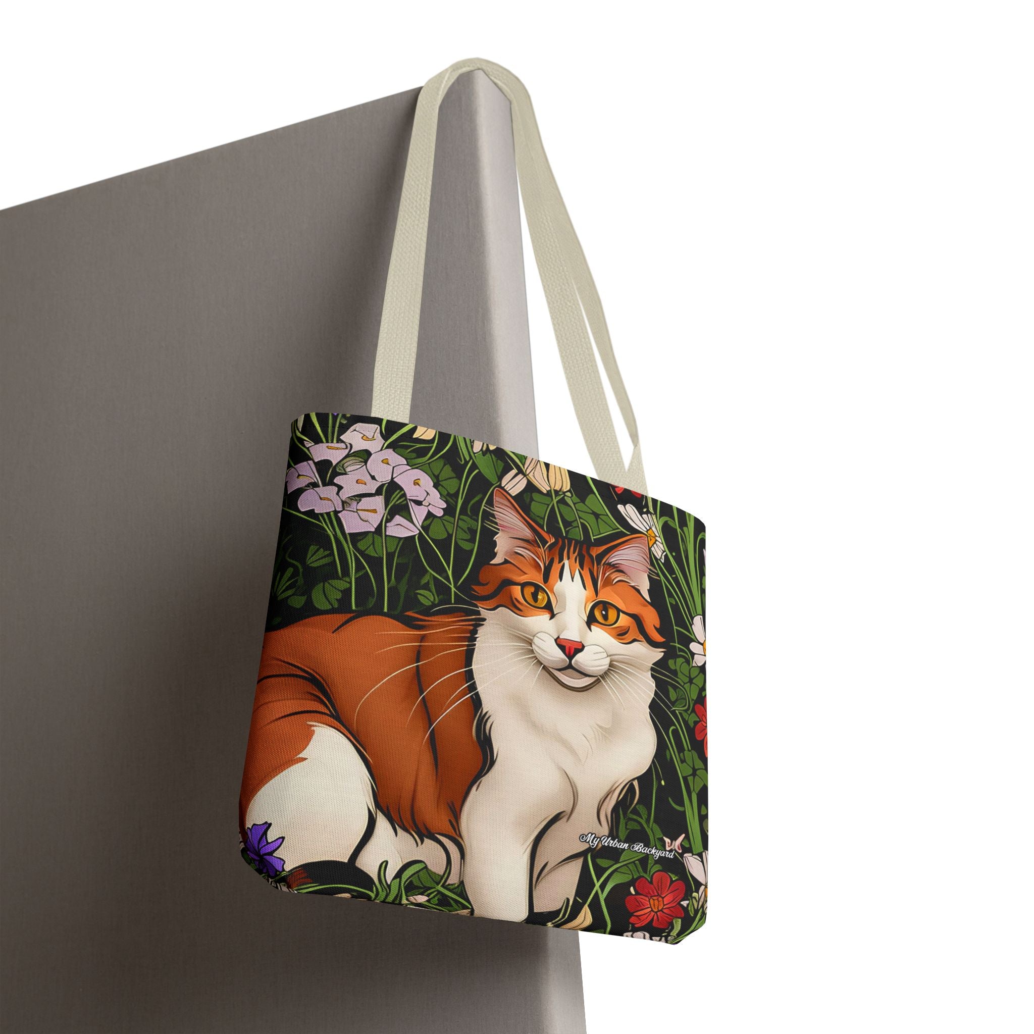 Orange Cat with Flowers Tote Bag with Cotton Handles For Everyday Use, 3 Sizes
