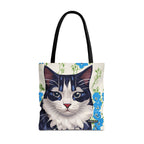 Cat and Blue Flowers, Tote Bag with Cotton Handles