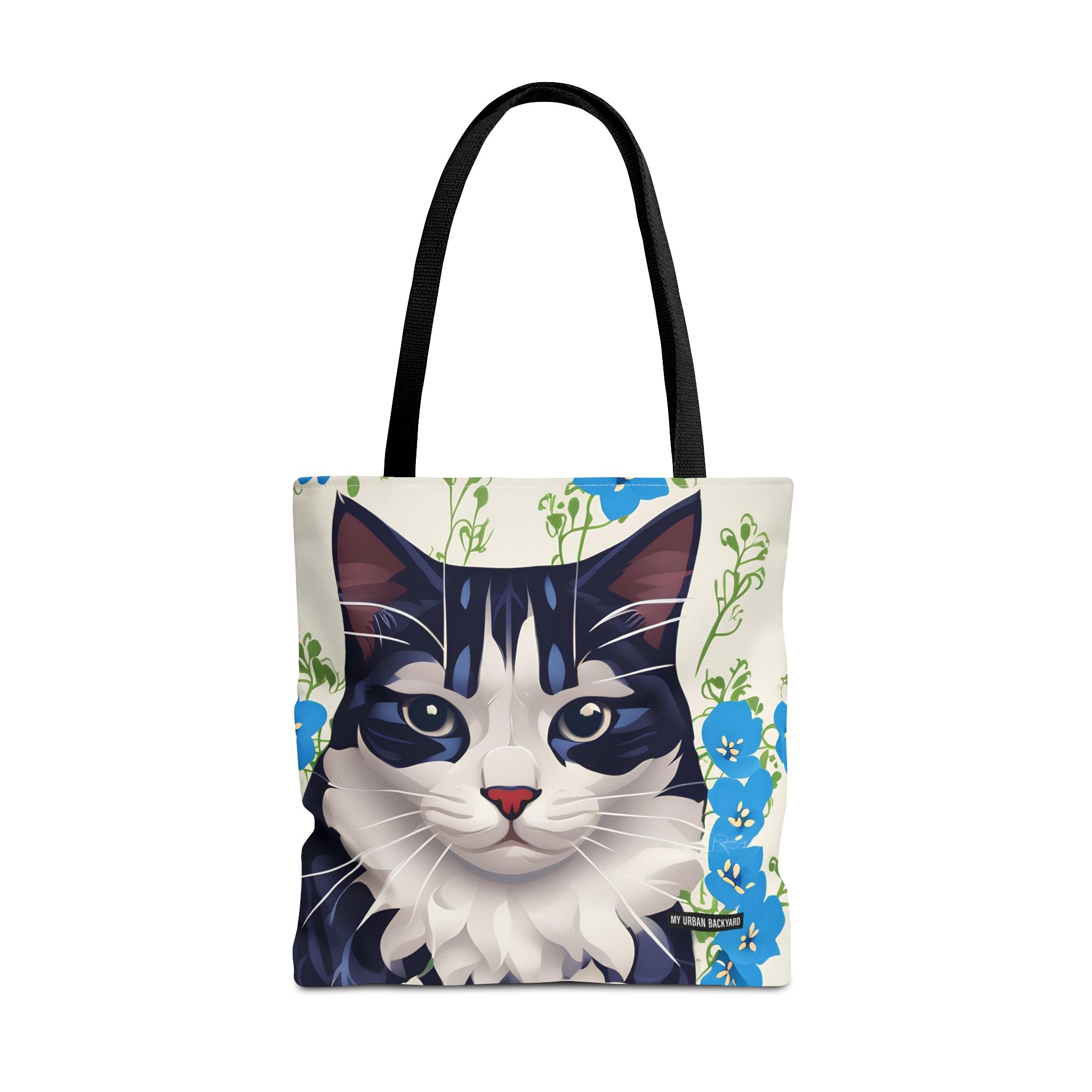 Cat and Blue Flowers, Tote Bag with Cotton Handles