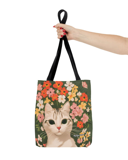White Cat with Flowers Tote Bag with Cotton Handles For Everyday Use, 3 Sizes